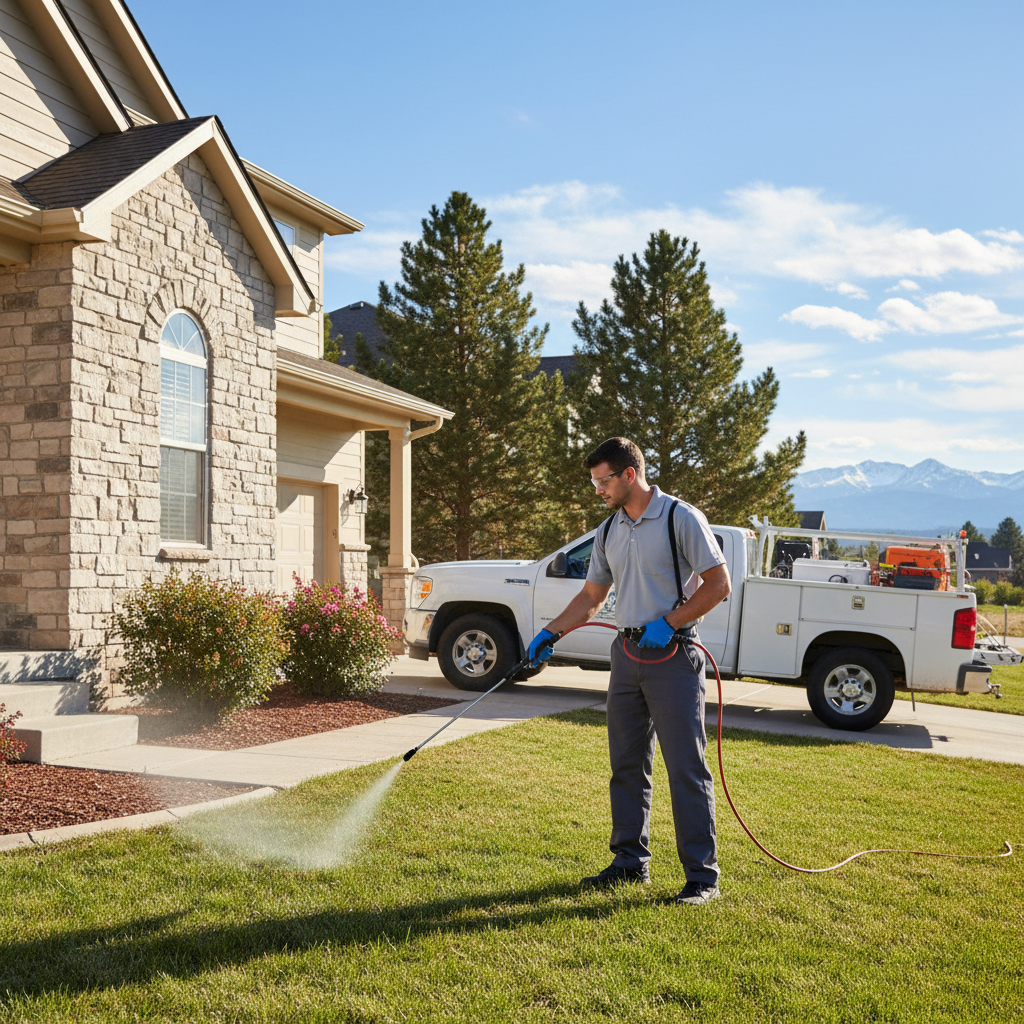 Exterior pest treatment along home foundation